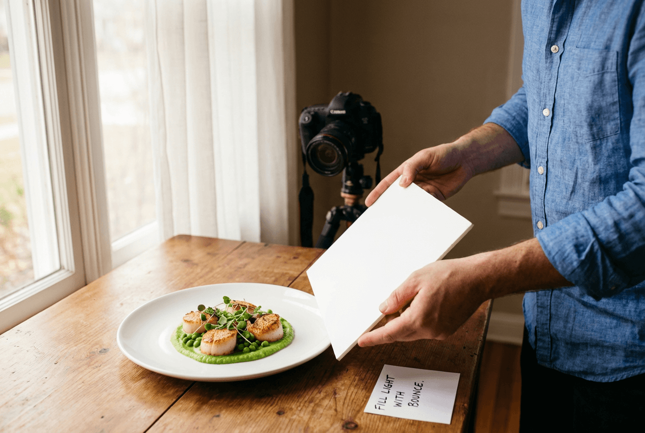 Fotógrafo de comida usando una tarjeta de rebote blanca para rellenar sombras en vieiras emplatadas durante una sesión con luz natural