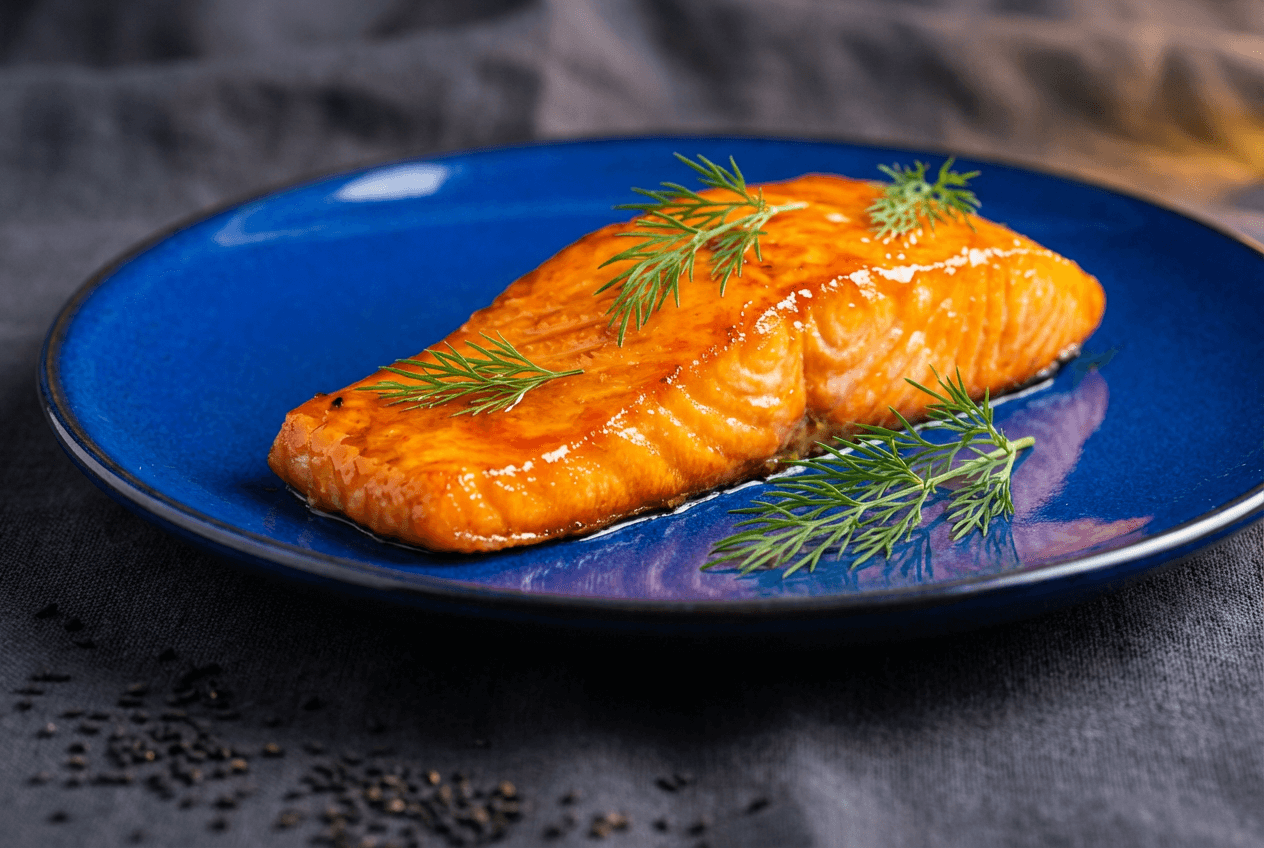 Teoría del color complementario en fotografía de comida mostrando salmón glaseado naranja sobre plato azul profundo para máximo contraste