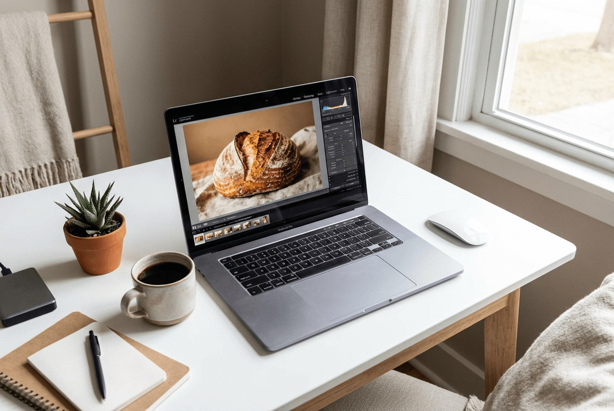 Espacio de trabajo de edición de fotografía de comida mostrando portátil con software de edición ajustando balance de blancos y exposición