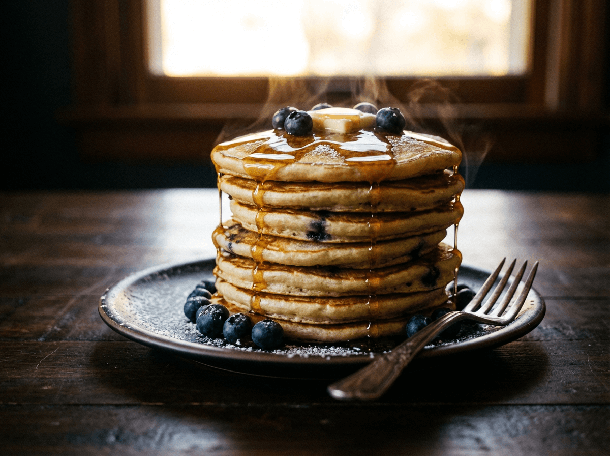 Fotografía de comida a nivel de mesa de tortitas altas de arándanos mostrando cómo el ángulo bajo enfatiza la altura