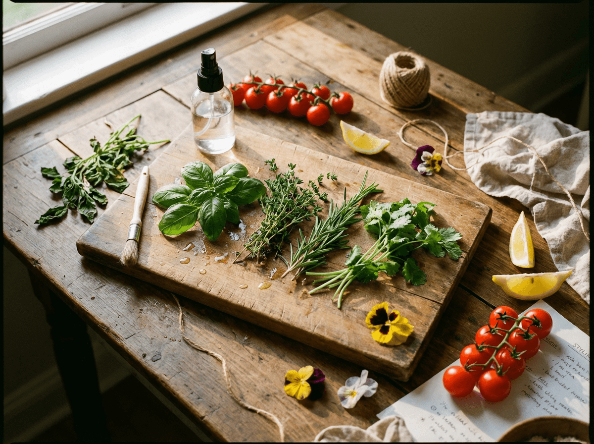 Estación de preparación de estilismo de comida con hierbas frescas, pulverizador y suministros de guarnición para mantener la comida con aspecto vibrante