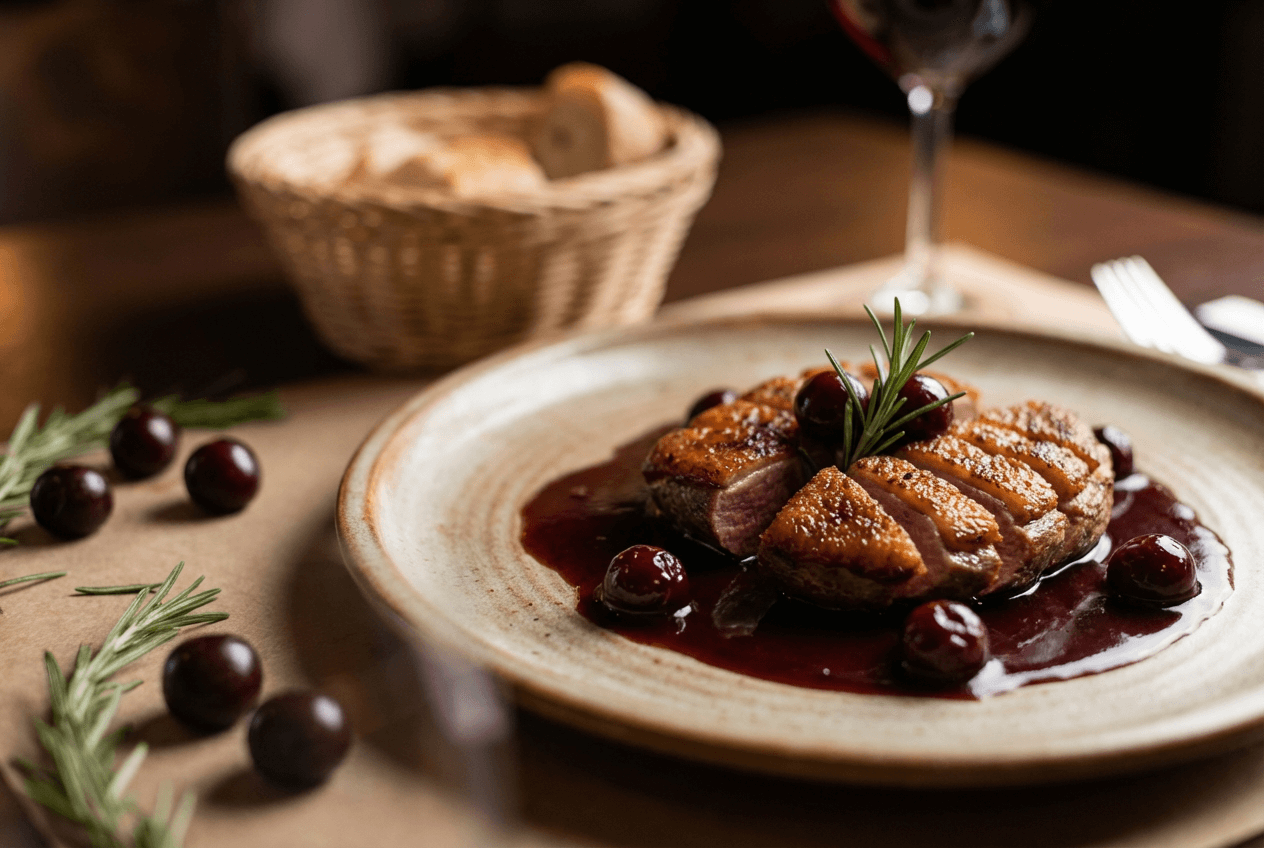 Composición de fotografía gastronómica con pechuga de pato nítida como plato estrella y accesorios desenfocados mostrando jerarquía focal