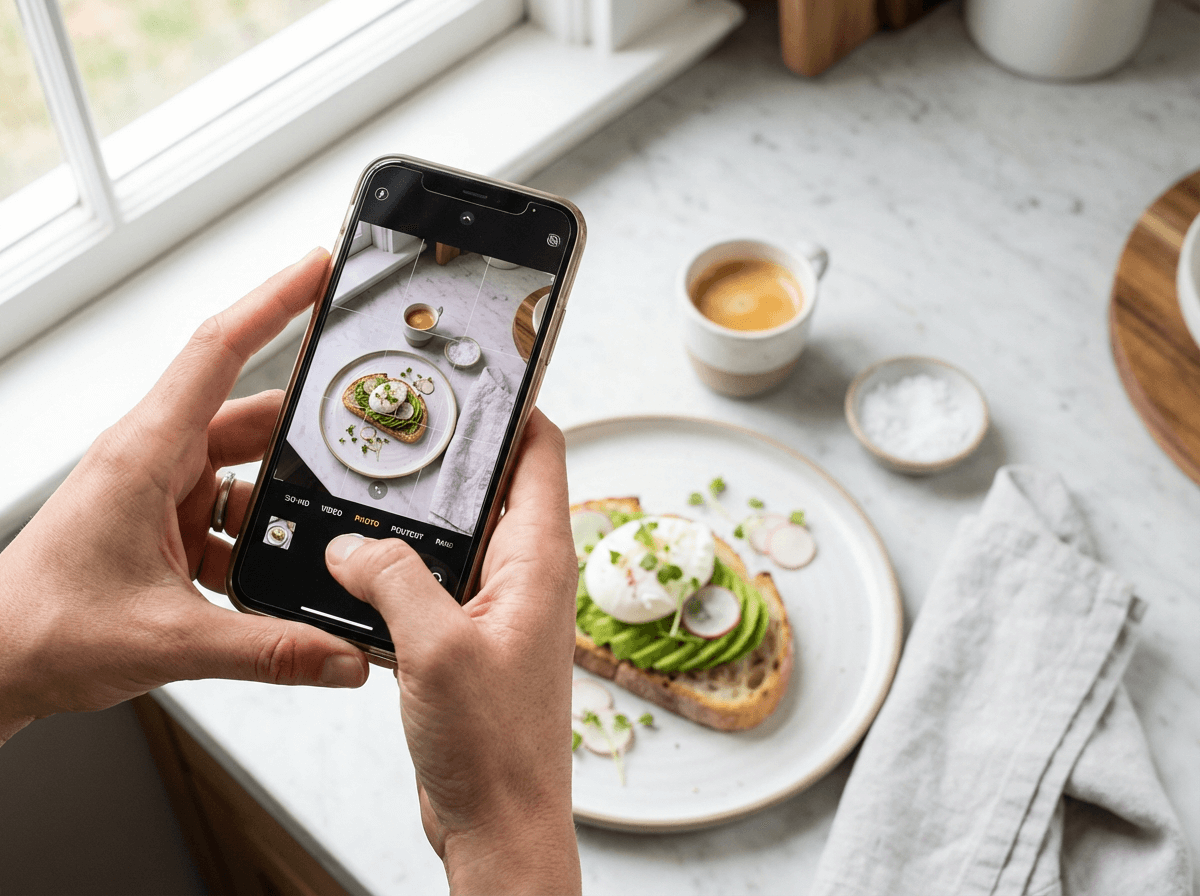 Manos fotografiando una escena de brunch con tostada de aguacate estilizada desde arriba con smartphone mostrando la cuadrícula de la cámara