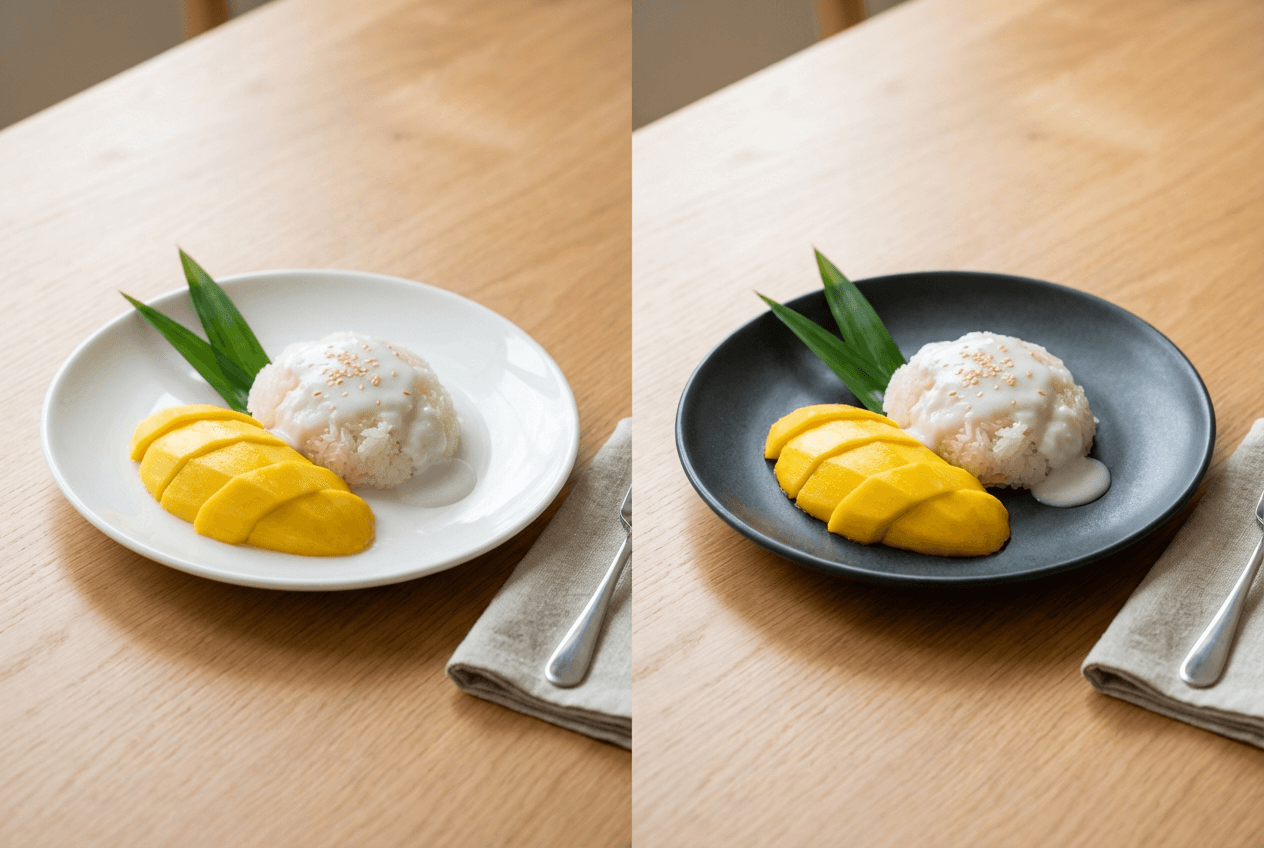 Comparación de platos en fotografía de comida mostrando arroz glutinoso con mango colorido sobre plato blanco versus oscuro demostrando el contraste