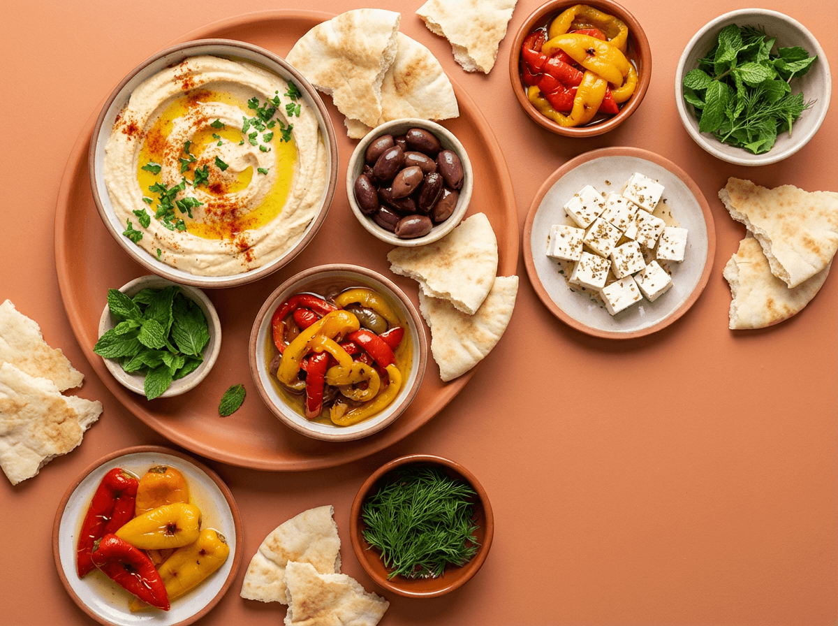 Fotografía cenital de comida mostrando la regla de los tercios con un surtido de mezze mediterráneo