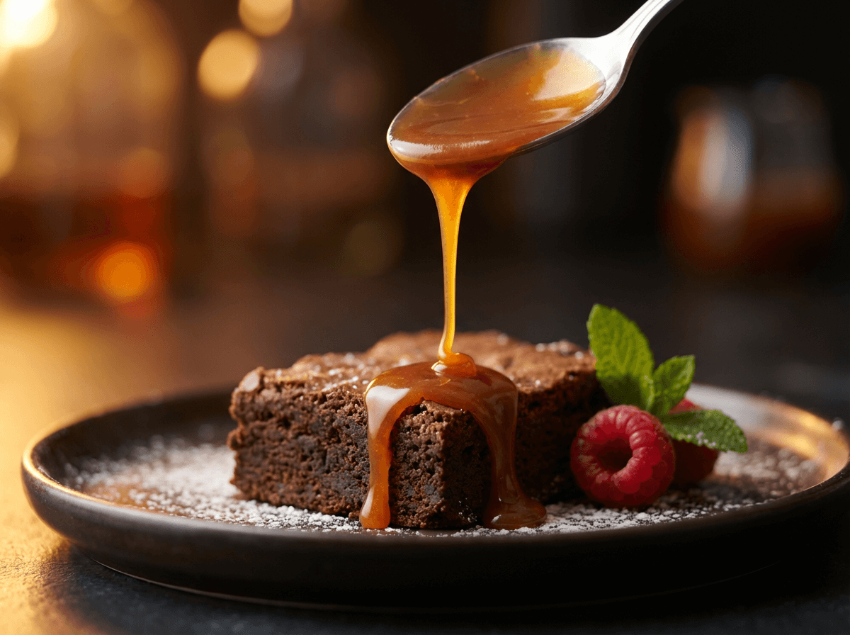 Salsa de caramelo siendo vertida sobre brownie de chocolate mostrando el timing preciso de la salsa en fotografía de comida