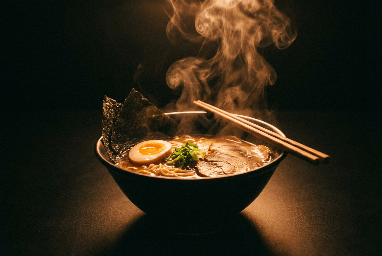 Bol de ramen humeante con vapor visible contra fondo oscuro mostrando la técnica de contraluz y vapor en fotografía de comida