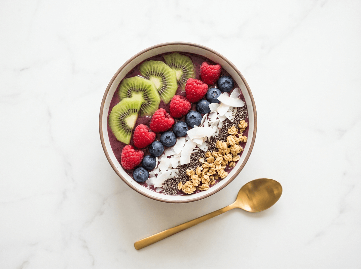 Bowl de açaí vibrante fotografiado desde arriba con vibración de color natural mostrando el equilibrio correcto en edición de fotos de comida