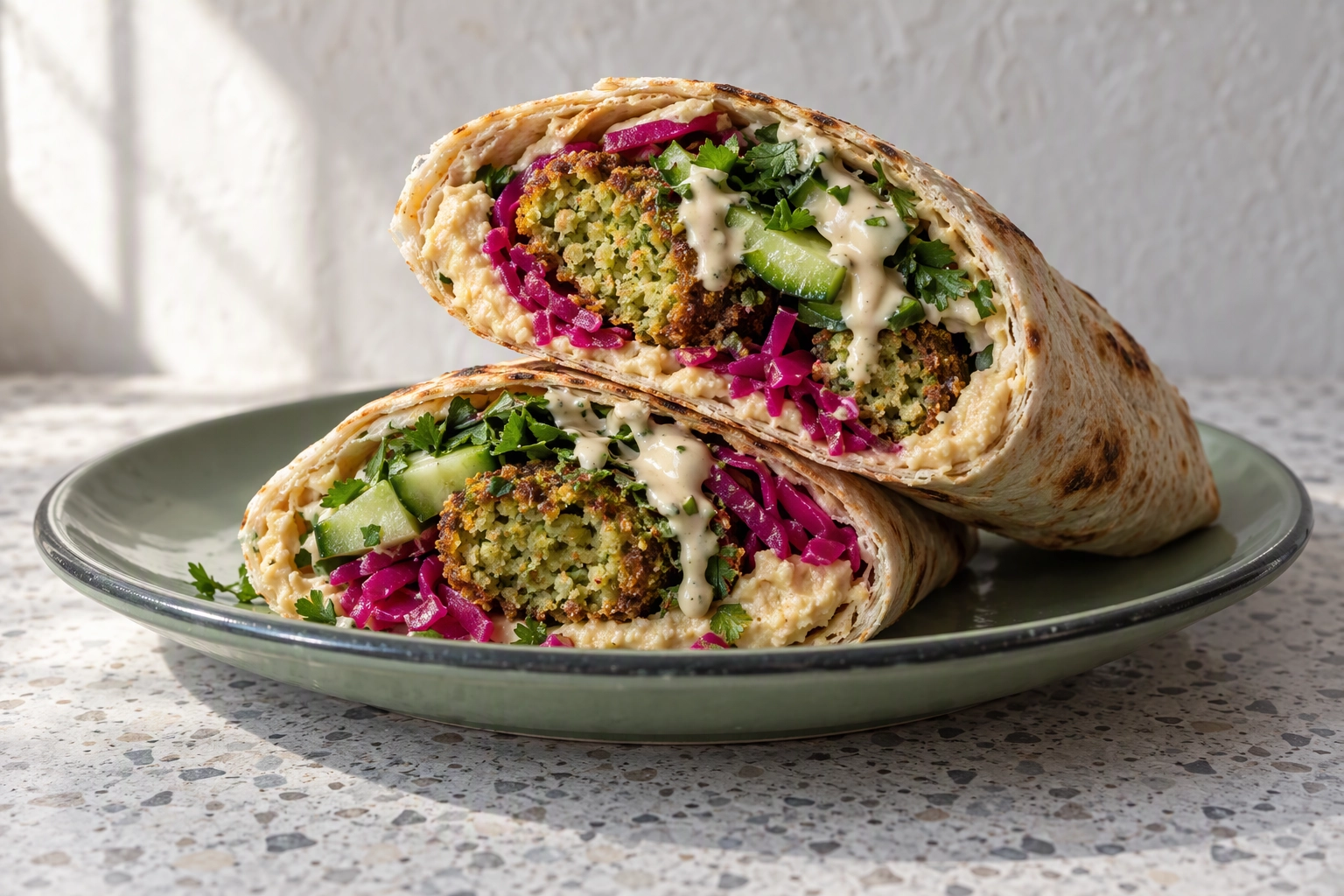 Falafel wrap cut in half with both cross-sections facing the camera, showing hummus, pickled cabbage and falafel layers