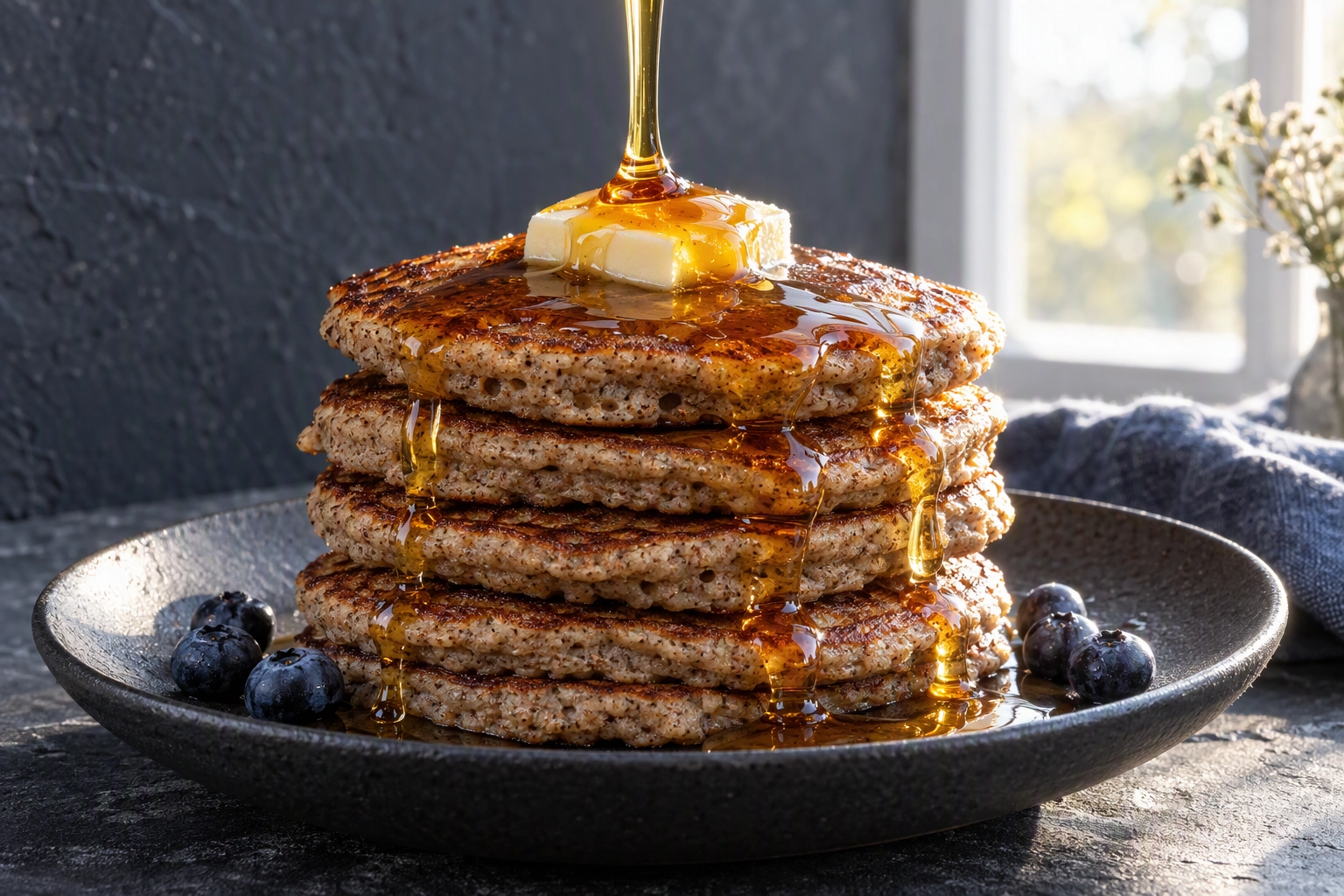 Maple syrup frozen mid-pour onto a stack of buckwheat pancakes, backlit amber against dark slate, a frozen motion food photo