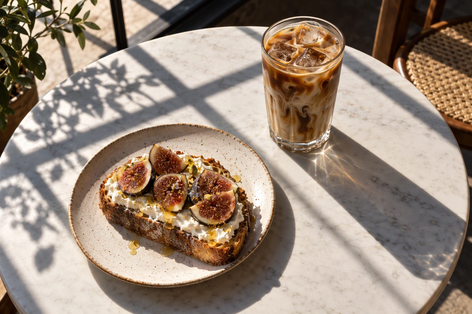 Ricotta fig toast and iced coffee on a white cafe table in hard morning sun with long window shadows, a 2026 food photo look