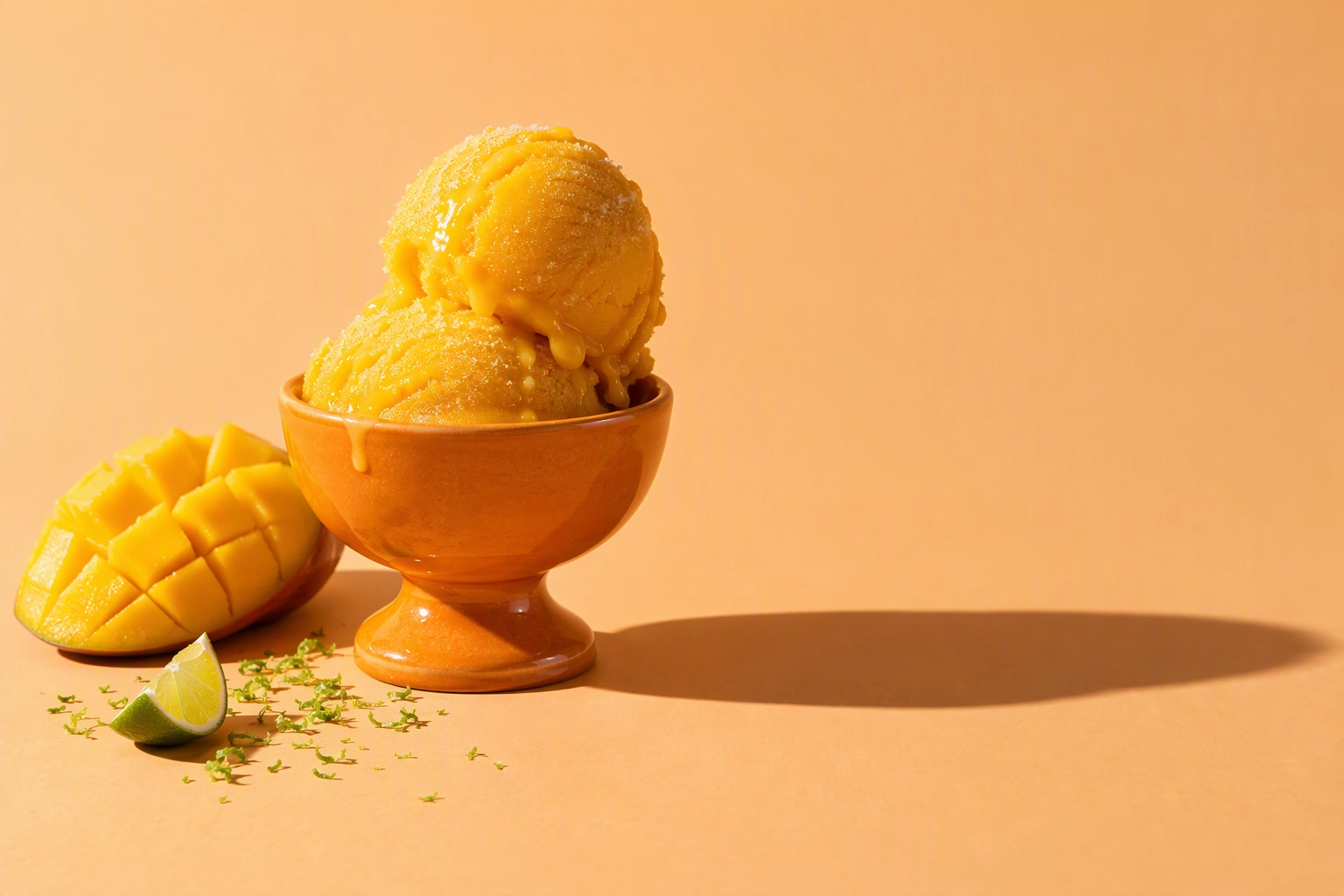 Mango sorbet in a matching orange ceramic cup on a seamless apricot backdrop, a tonal color blocking food photography trend