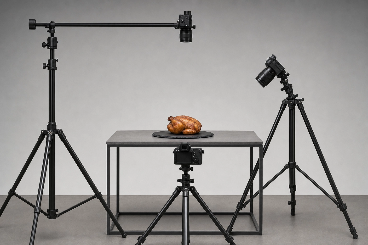 Three tripods aimed at one roast chicken from overhead, 45-degree and level angles showing camera geometry