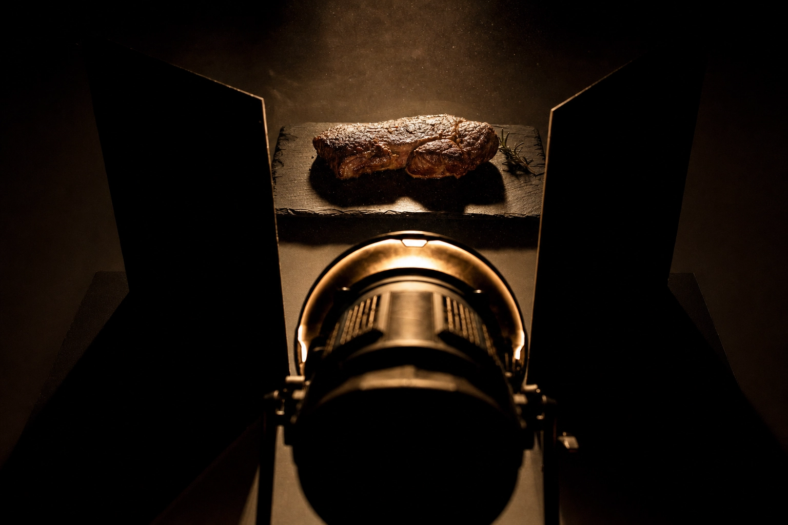Dark and moody food lighting rig with black flag cards carving one hard light blade across a steak