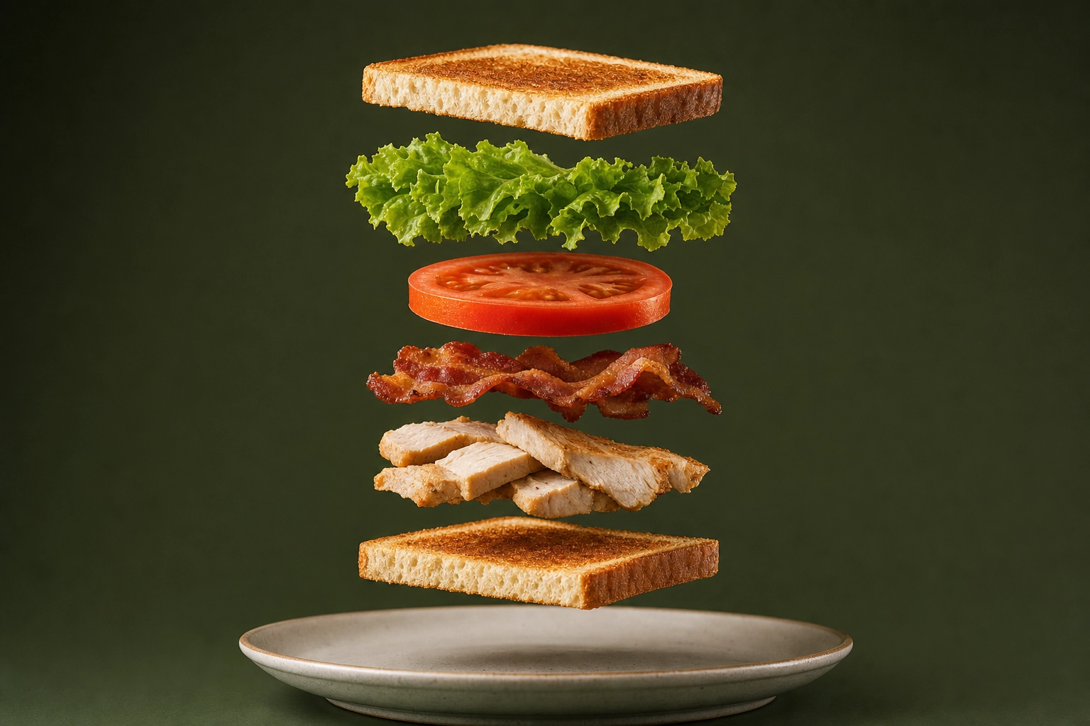 Club sandwich deconstructed into floating separate layers shot straight-on against olive green