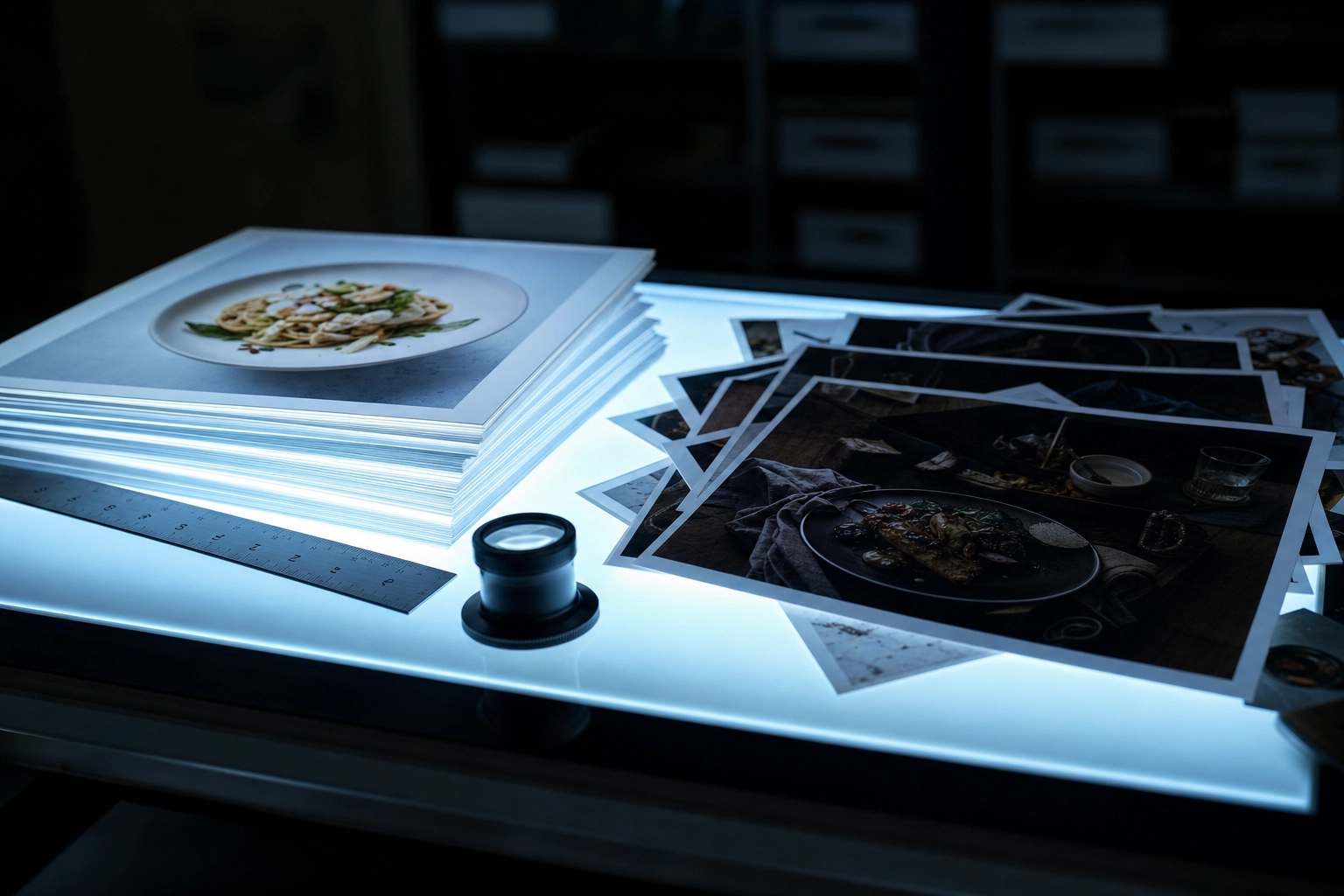 Printed food photos sorted on a backlit light table into bright menu-safe and dark moody piles