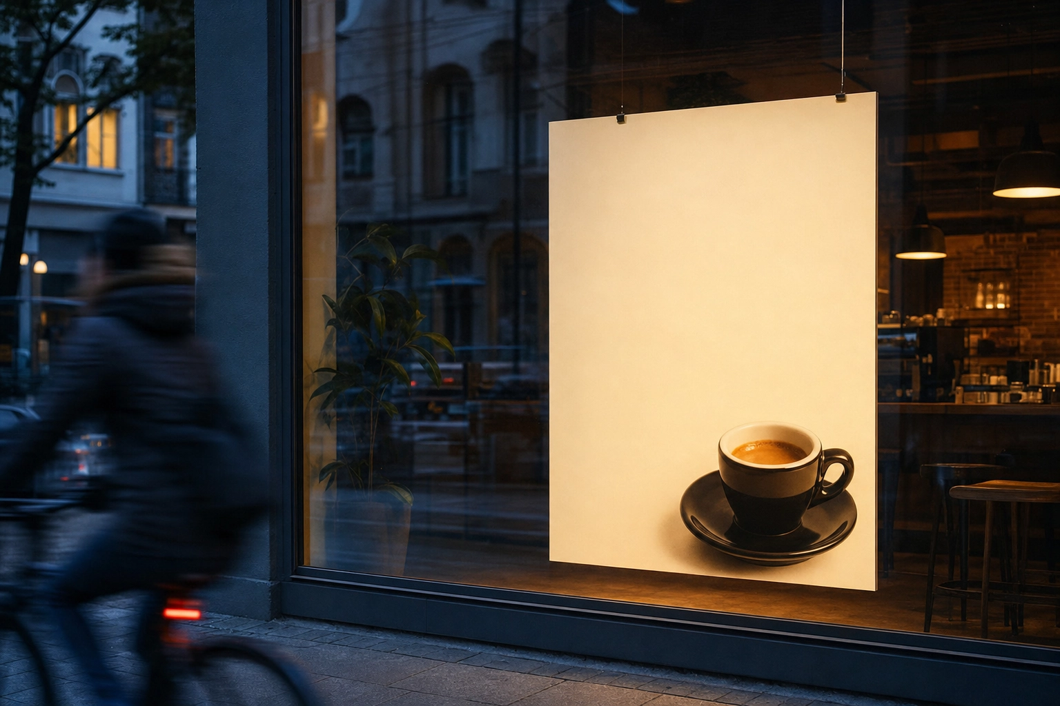 Cafe window poster with espresso cup in lower third and clean empty negative space for a headline