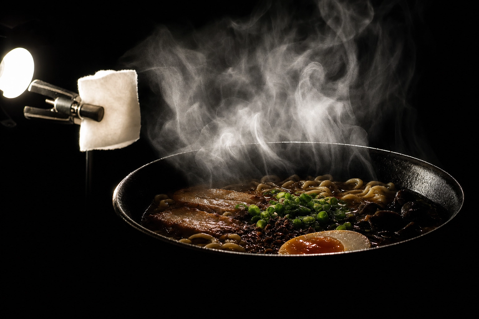 Backlit steam rising from a ramen bowl against black with the hidden cotton pad and bulb visible