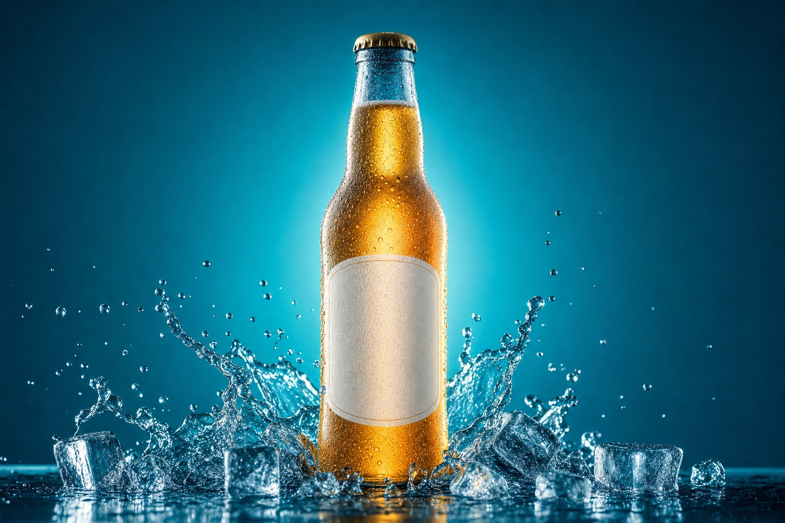 Backlit frosted beverage bottle with condensation and ice splash, a category example of food product photography