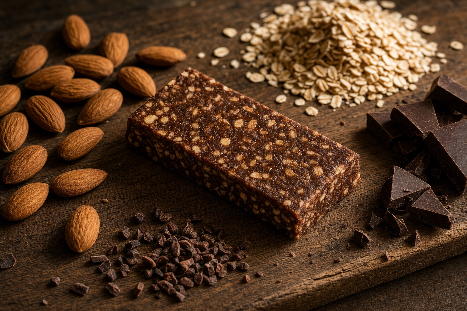 Ingredient story shot of an oat-and-chocolate snack bar with raw almonds and oats, a key food product photography concept