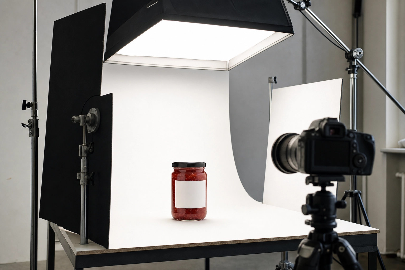 Studio lighting setup for a glass jar with softbox, black flags and white bounce cards to control glare on packaged food