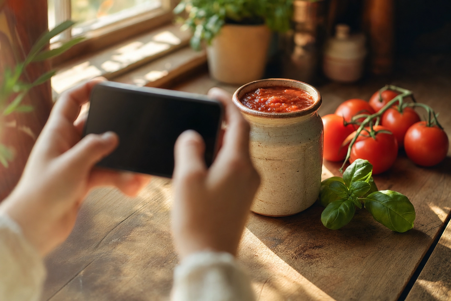 Hands using a smartphone to photograph a ceramic sauce jar on a sunlit counter — phone-plus-AI food product photography