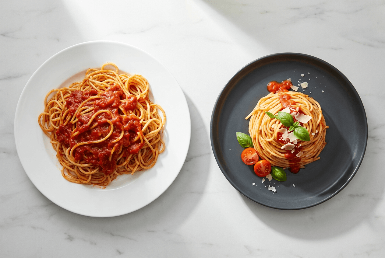 Side-by-side comparison of unstyled versus professionally styled pasta plating technique