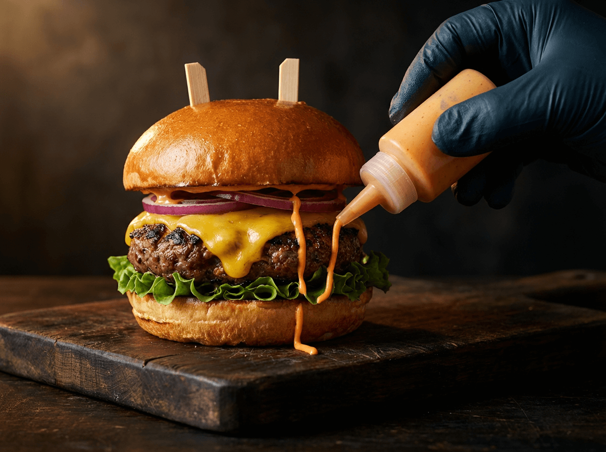 Gourmet burger being styled with sauce drizzle and toothpick supports for food photography