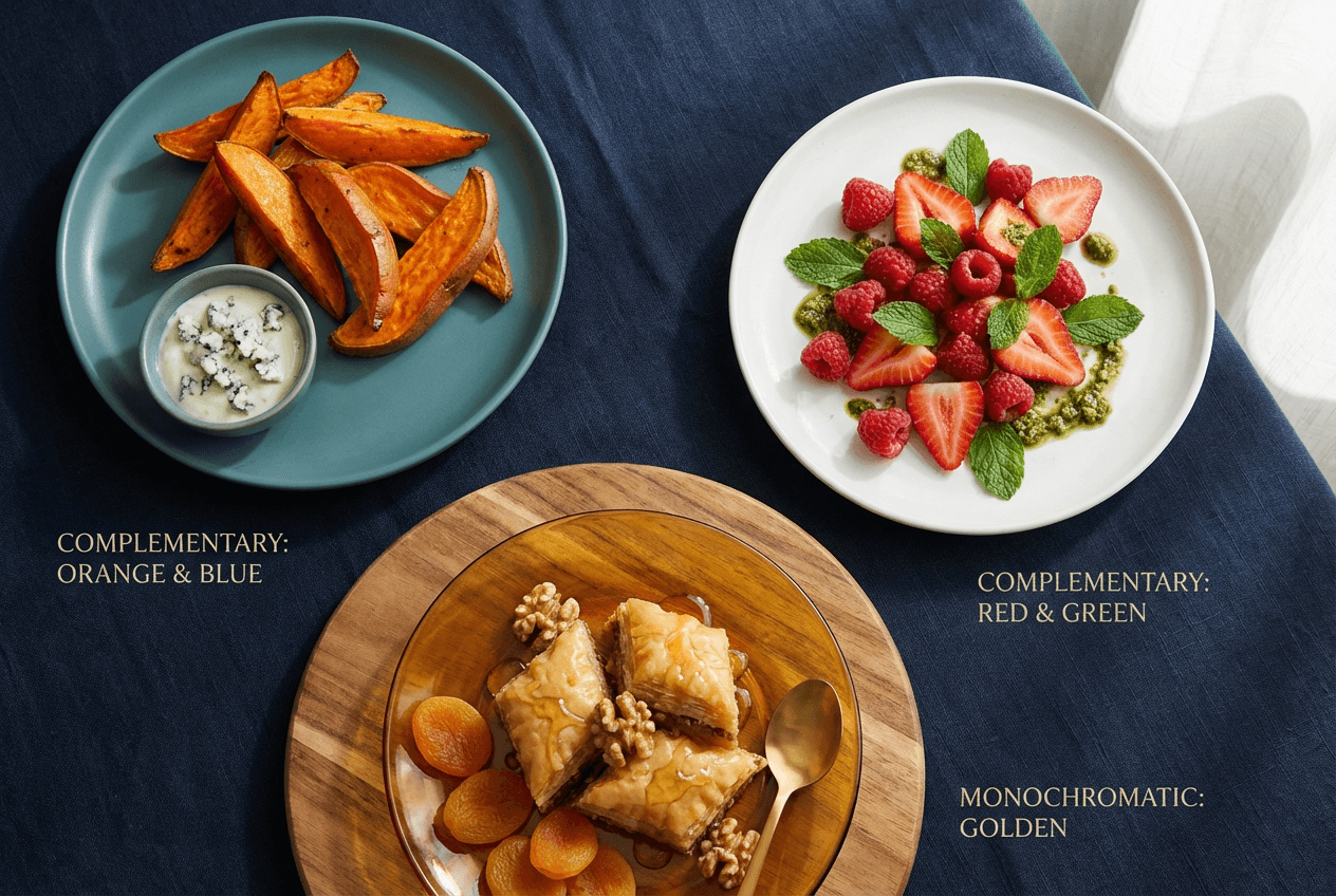 Color theory demonstration with complementary and monochromatic food and plate pairings