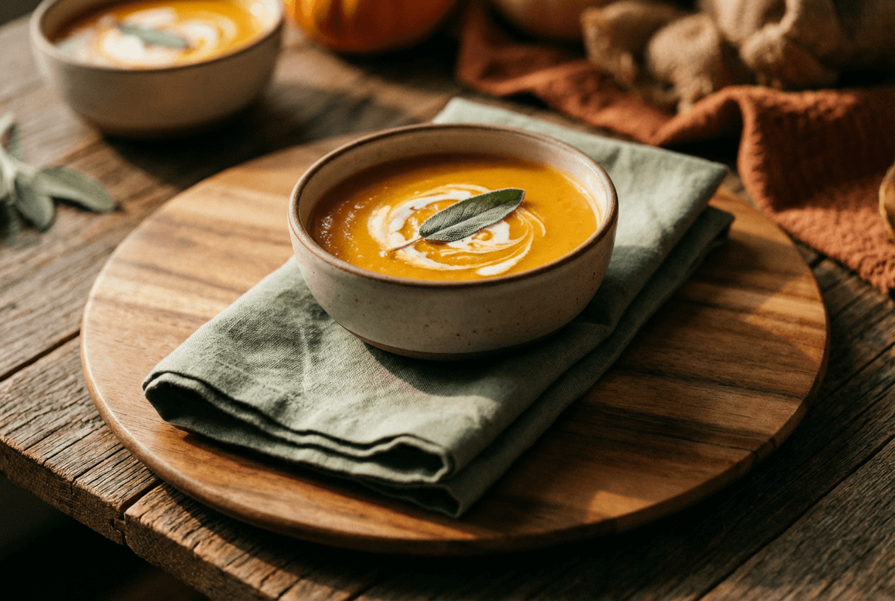 Food styling layering technique showing soup bowl on stacked layers of linen, wood board, and garnish