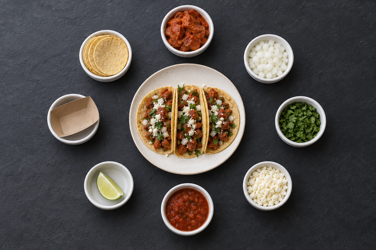 A finished taco plate surrounded by its separated raw ingredient portions in small dishes, the component build-up behind a menu food-cost percentage