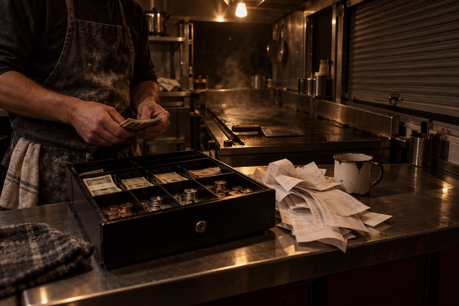 Counting a night of takings on the interior counter of a closed food truck, the monthly revenue line in a food truck profit and loss statement