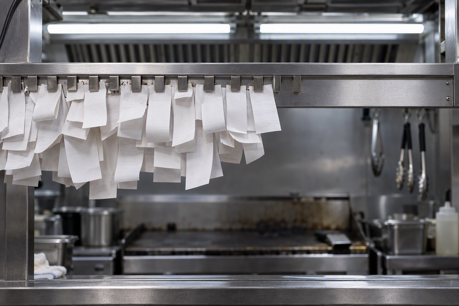 A long rail of order tickets across a food truck pass with a clear gap two thirds along, the daily order count a food truck must clear to break even