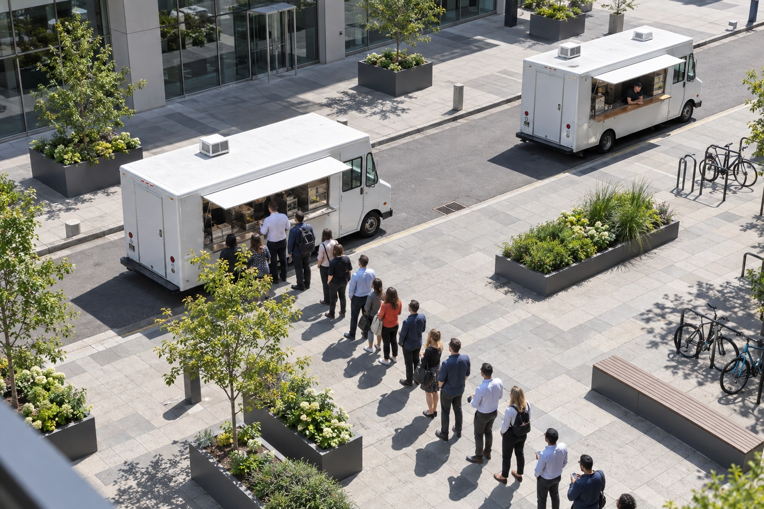 Two food trucks side by side at an office park lunch rush, one with a long queue and one empty, the demand gap a food truck marketing plan has to close