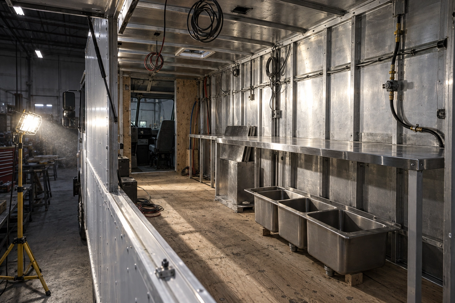 Used step van in a fabrication bay mid build-out with a bare aluminium interior shell, the biggest single line in a food truck startup cost table