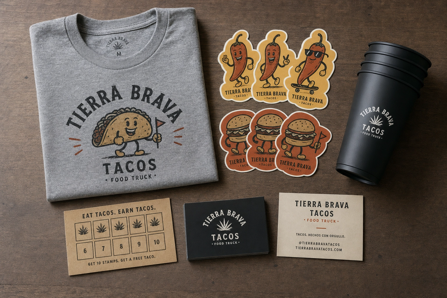 Flat-lay of branded food truck merchandise: t-shirt, stickers, reusable cups, punch card and business cards on walnut surface