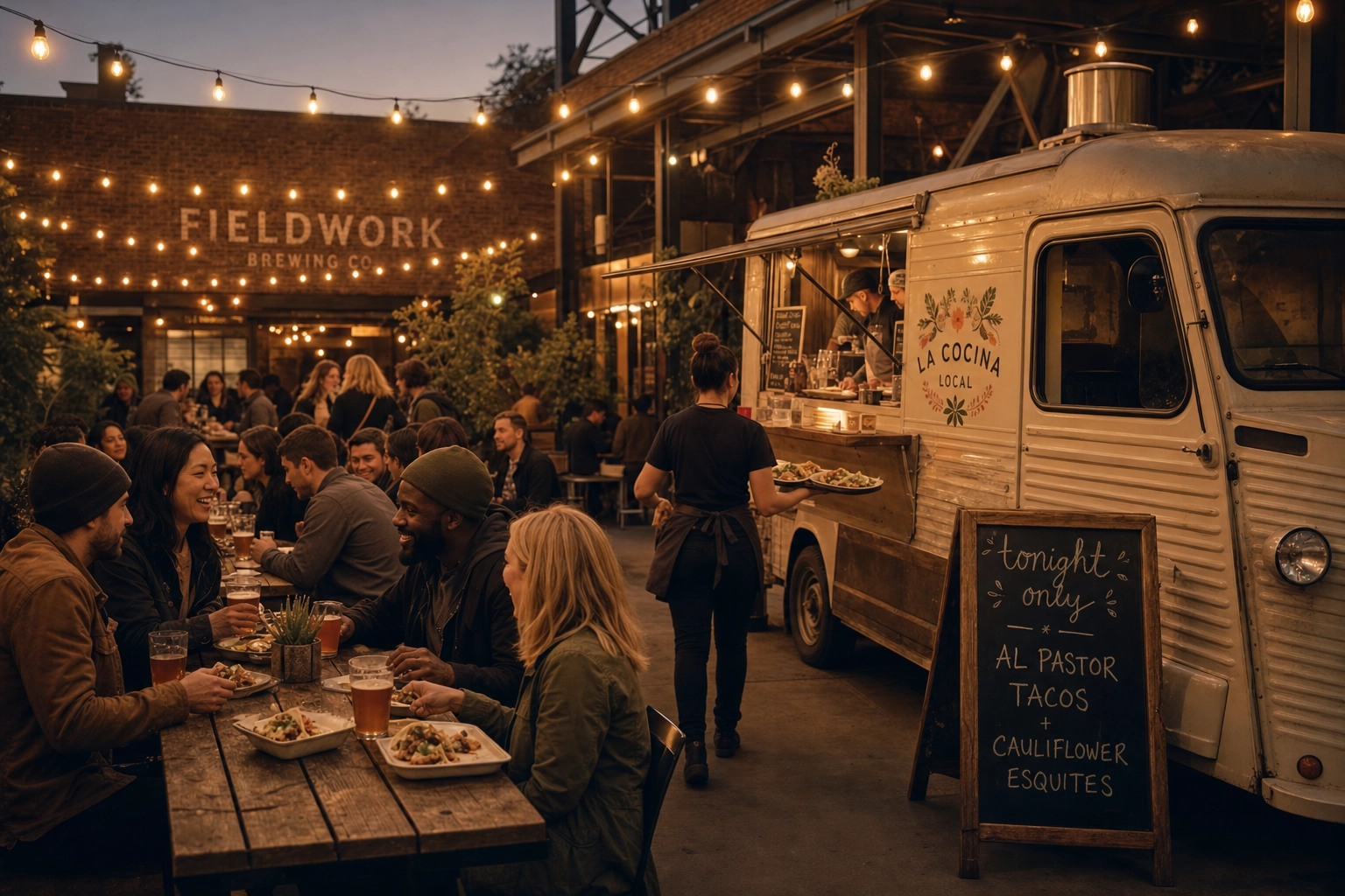Food truck parked at a brewery courtyard with string lights and communal dining — weekly brewery slot partnership marketing