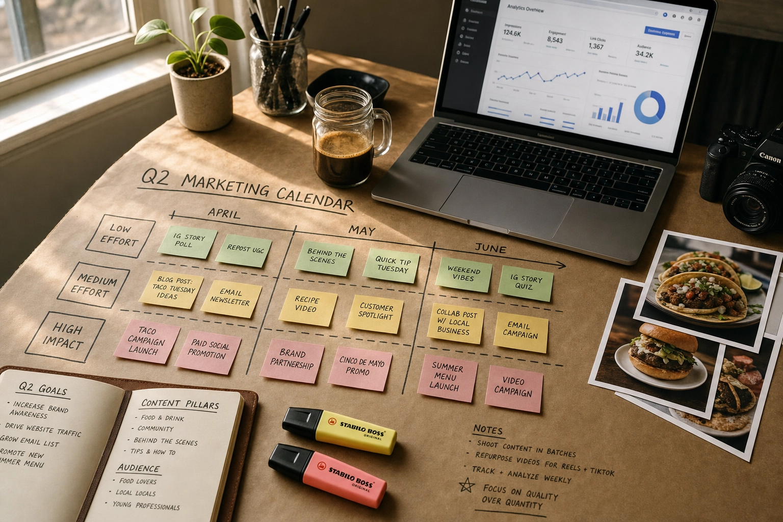 Food truck owner's quarterly marketing planning workspace with sticky-note calendar, laptop and notebook — sequencing strategy