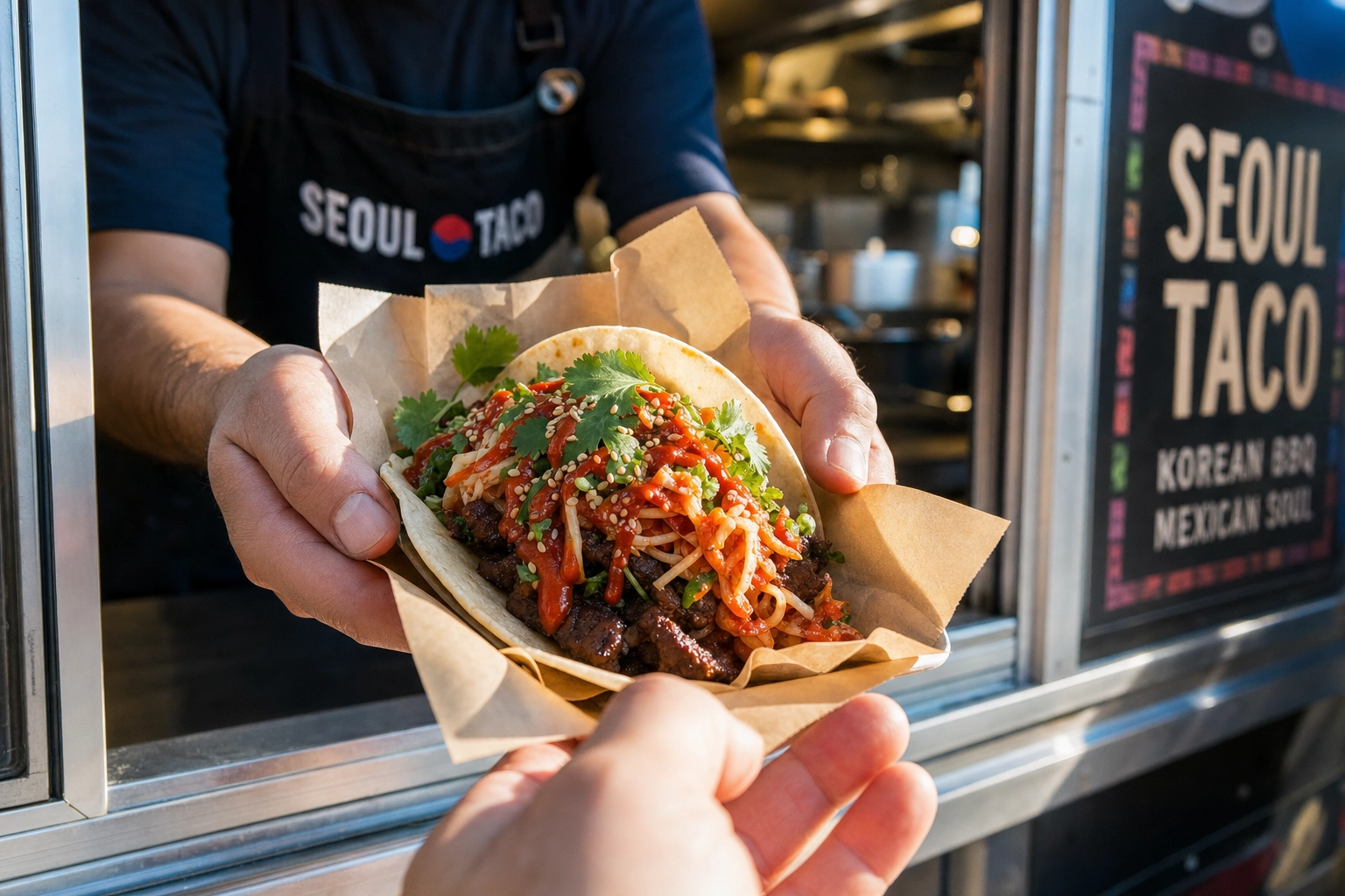 Signature Korean-Mexican fusion taco being handed through a food truck window — Instagram-worthy hero dish photography