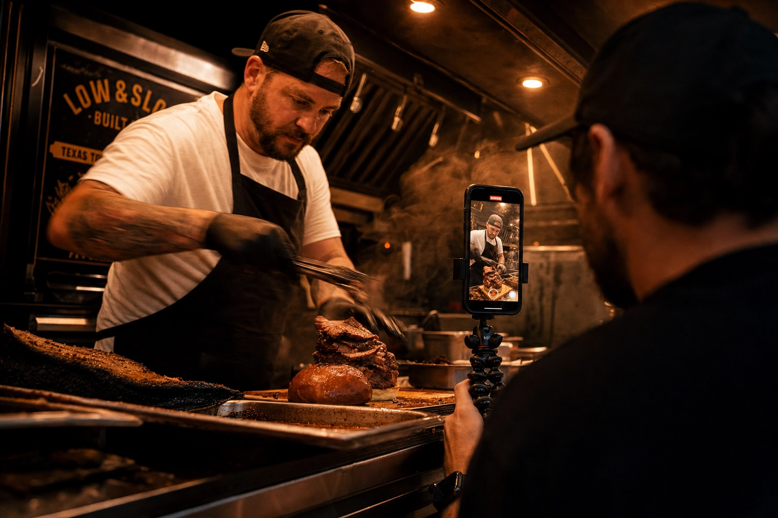Food truck chef plating brisket while crew member films vertical content on a smartphone tripod — TikTok and Reels production