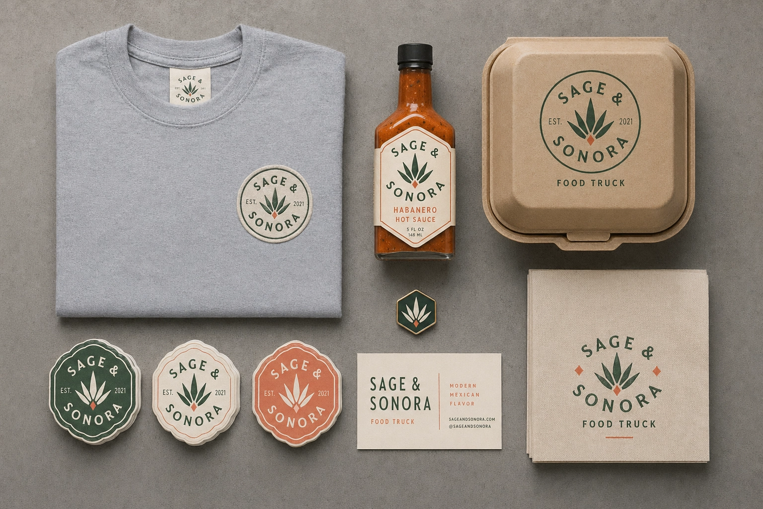 Flat lay of food truck branded merchandise including t-shirt, stickers, hot sauce bottle, takeaway box, enamel pin, and napkins in unified colors