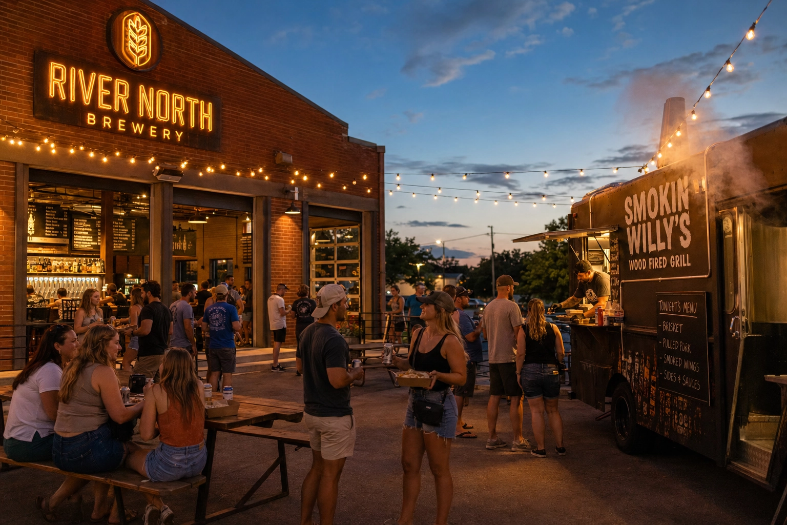 Food truck parked outside a brewery taproom in the evening with customers mingling between the truck and outdoor seating under string lights