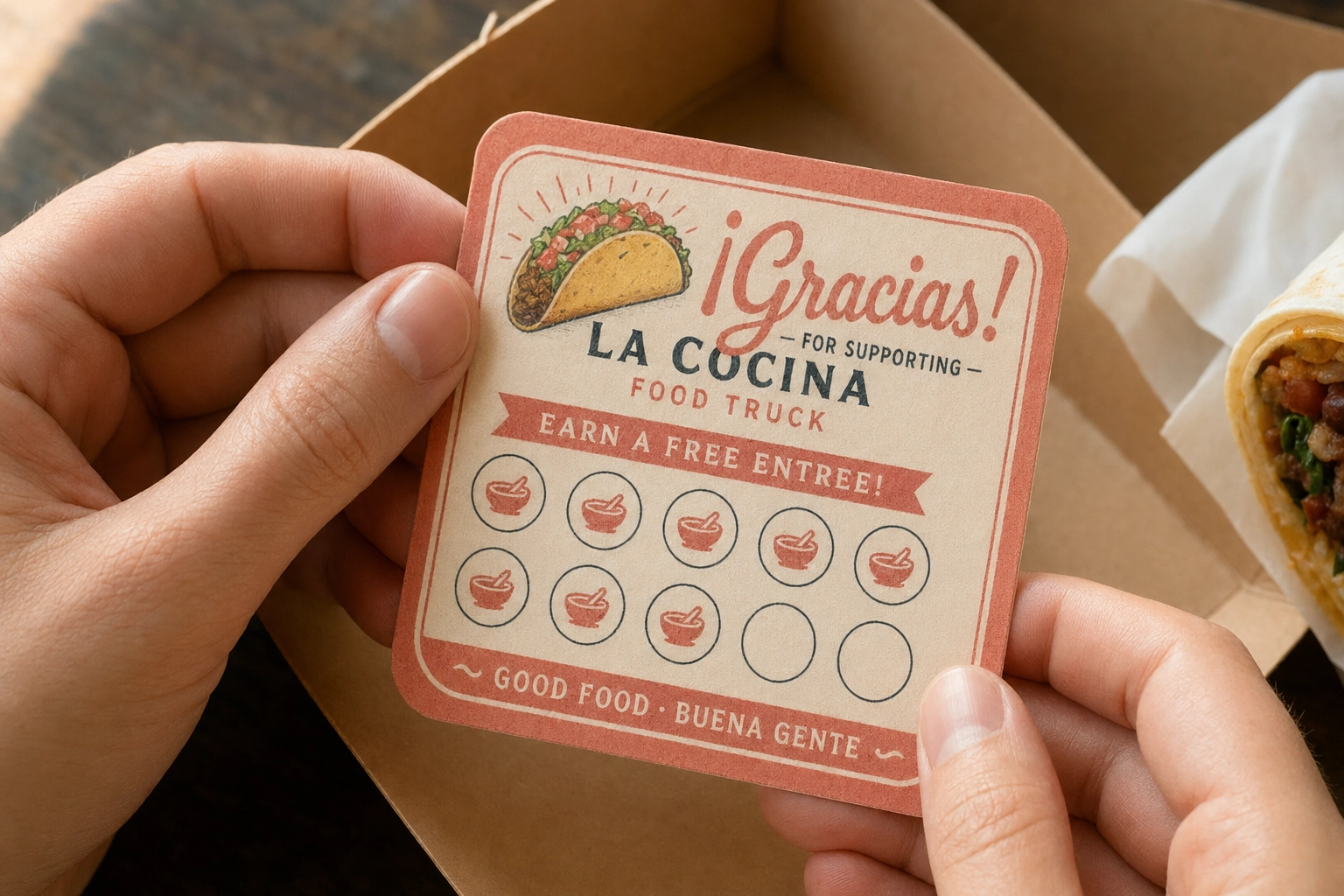 Hands holding a designed food truck loyalty punch card with seven stamps next to a kraft takeaway tray with wrapped burrito