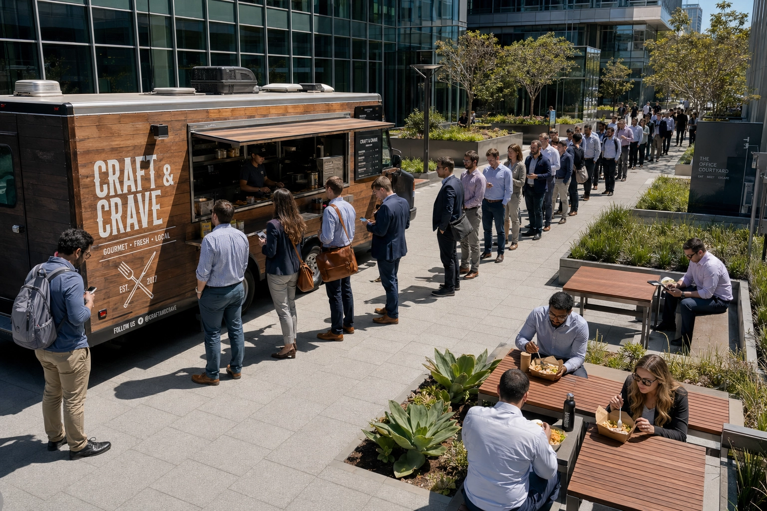 Food truck parked at a corporate office park during midday lunch rush with a long line of office workers in business casual attire