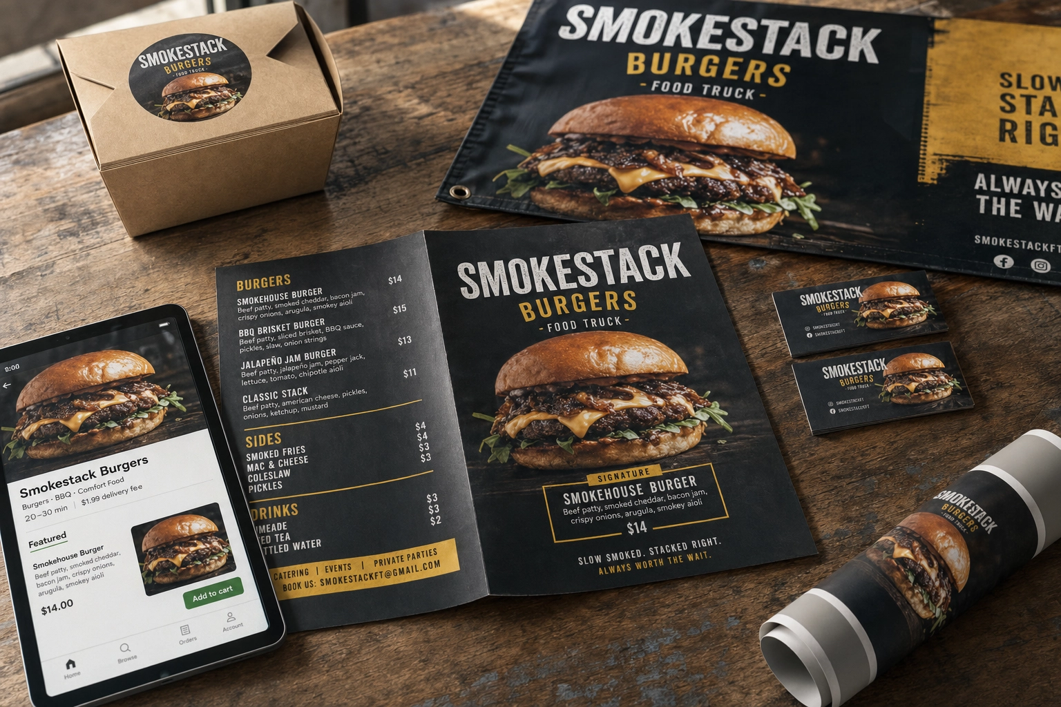 Food truck marketing collateral flat lay showing the same dish photo reused across menu, takeaway box, sticker, banner, business cards, and digital listing