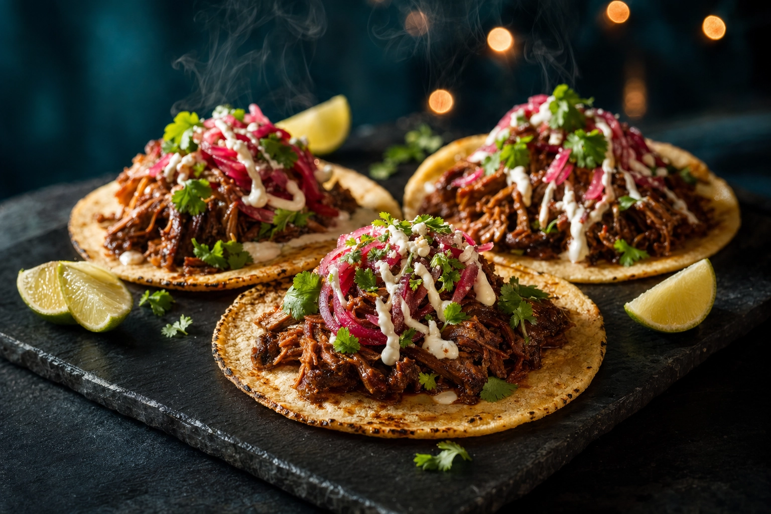Studio-quality signature food truck dish photography of three styled gourmet short rib street tacos on dark slate with dramatic side lighting