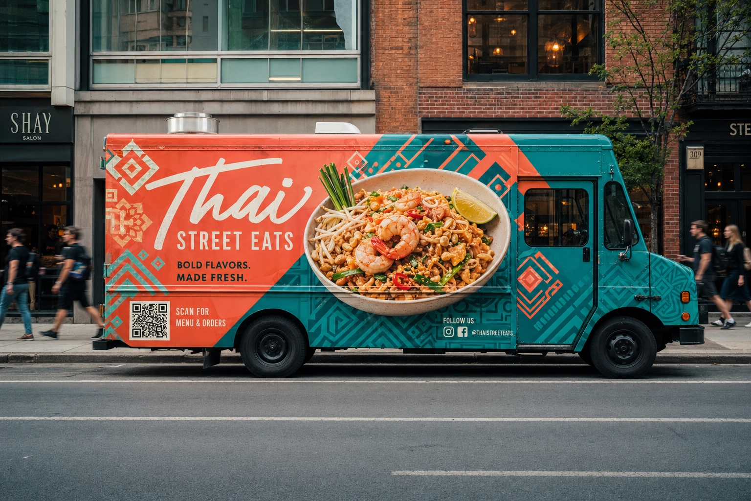 Boldly wrapped food truck parked on a downtown street showing eye-catching brand design with oversized dish photography and QR code