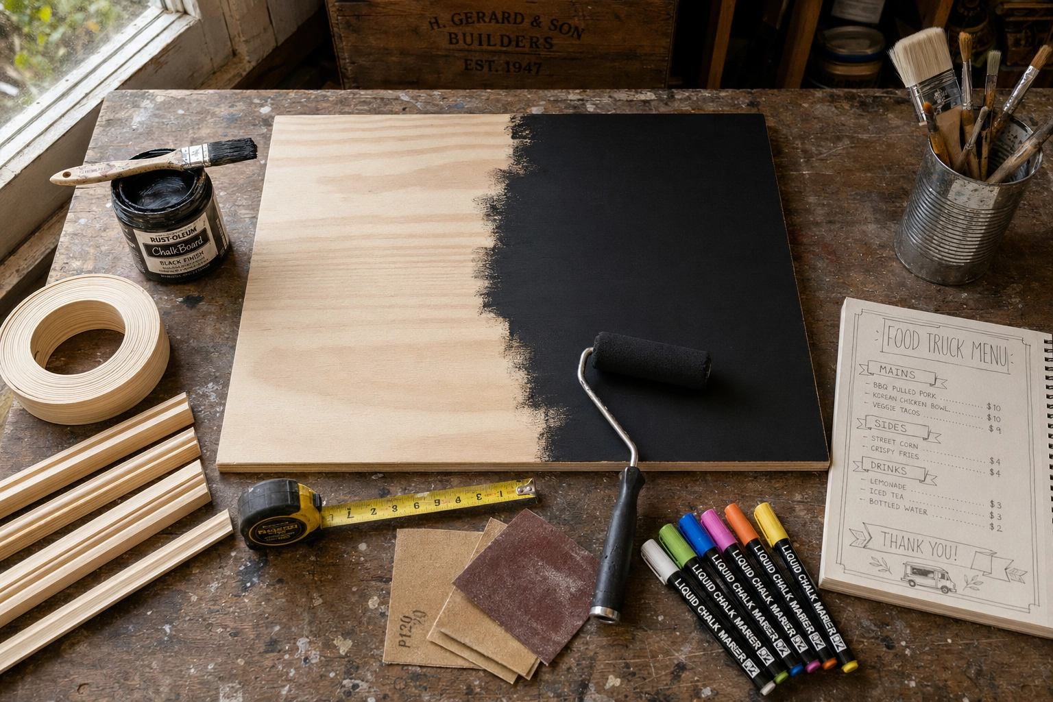 DIY food truck menu board project flat-lay with chalkboard paint, plywood panel, wood frame, and liquid chalk markers on workshop bench
