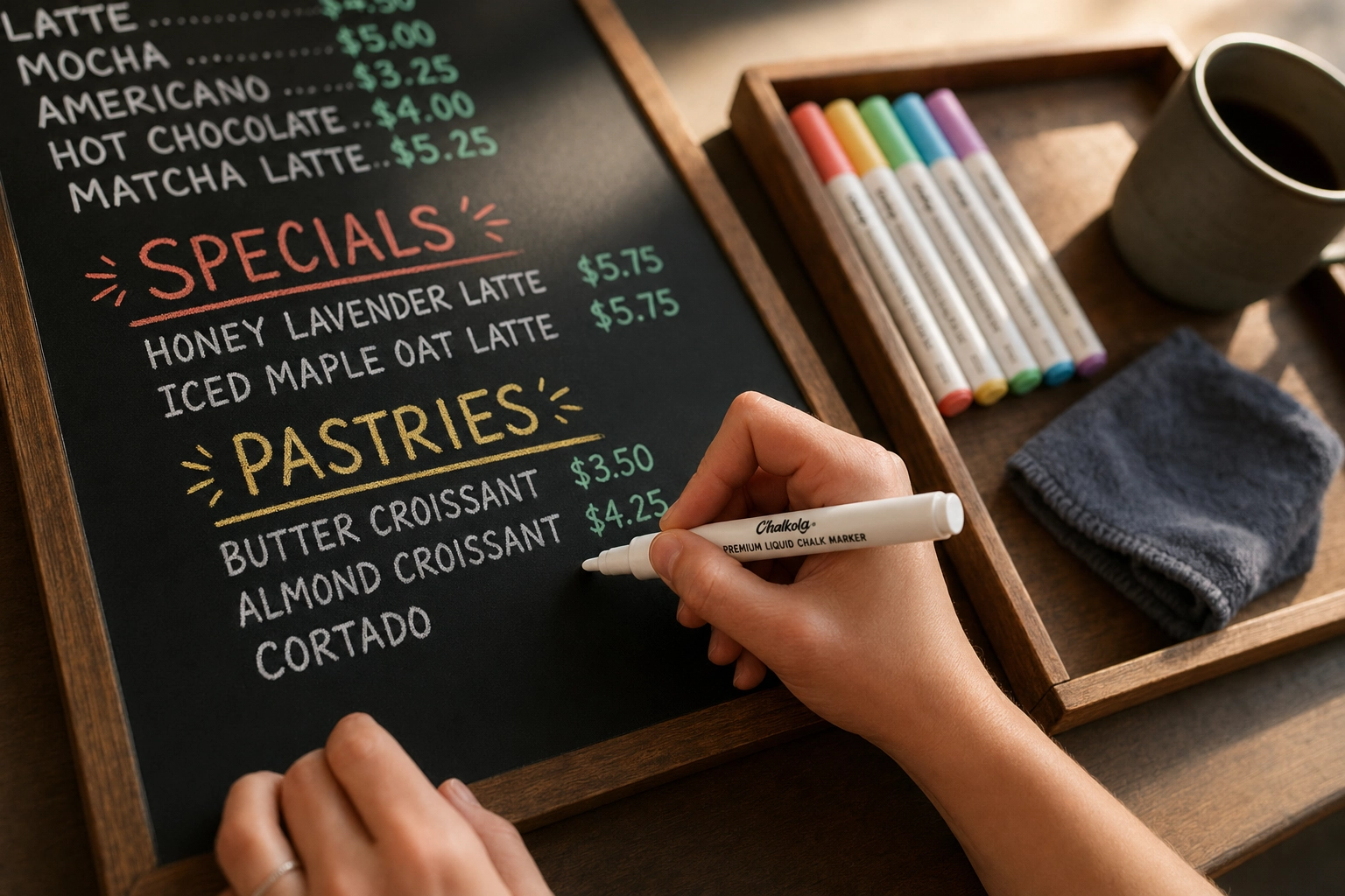 Food truck operator hands writing daily specials on chalkboard menu with white liquid chalk marker during morning prep