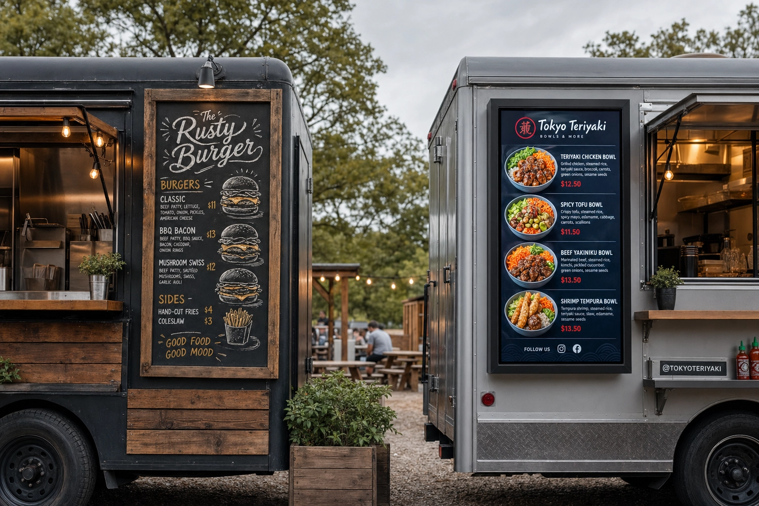 Two food trucks side by side comparing chalkboard menu and digital LCD menu board at outdoor food truck park